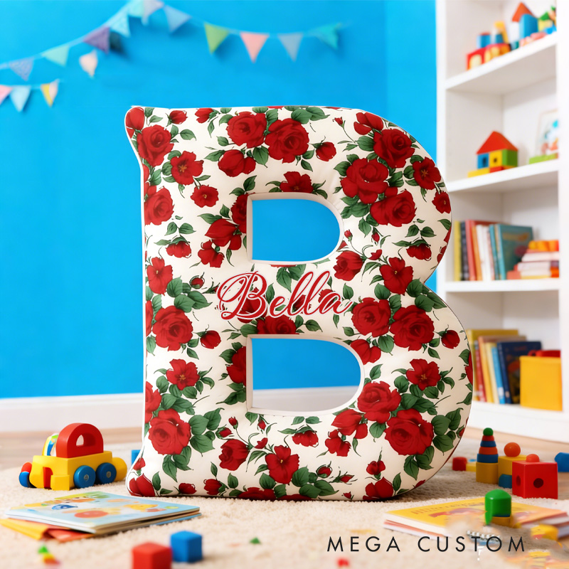 Personalized Red Rose Alphabet Throw Pillow Graphic 3D Print Rose Pillow with Name for Girlfriend Gardener Valentine's Day Gifts Loving Room Decor