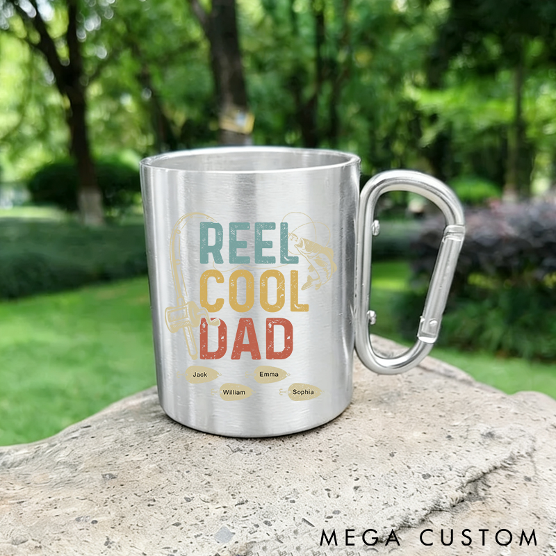 Personalized Fishing Mug Stainless Steel Cup with Carabiner Handle Custom Names Perfect Gift for Fishing Enthusiast Dads Grandpas