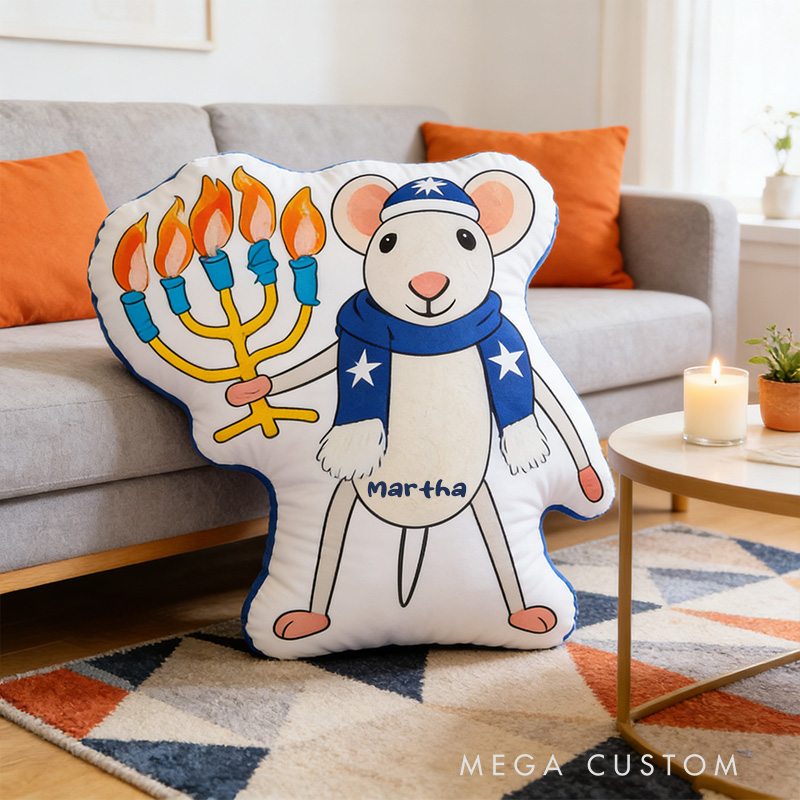 Personalized Hanukkah Mouse Pillow with Custom Name Cute Jewish Holiday Decoration Festive Winter Decor Kids Dreidel Party Favor Happy Hanukkah Gift