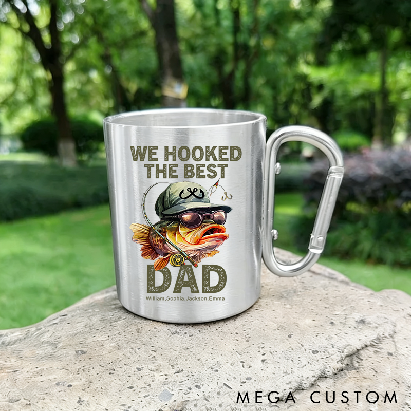 Personalized Stainless Steel Cup Funny Fishing Mug with Carabiner Handle Custom Names Perfect Gift for Fishing Enthusiast Dads Grandpas