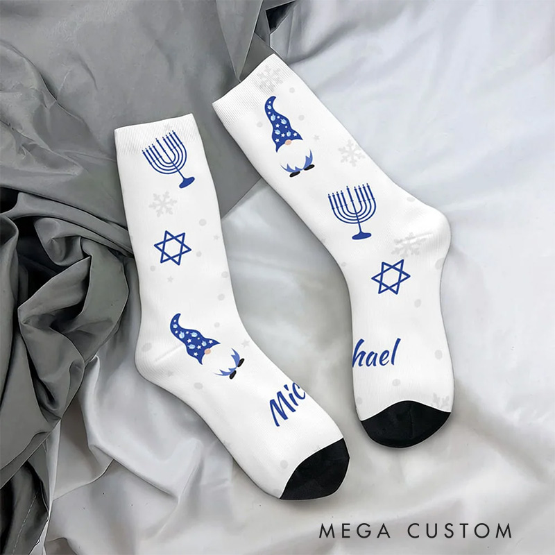 Personalized Cute Hanukkah Gnome Adult Socks with Name Comfort Breathable Happy Hanukkah Gift for Jewish Family