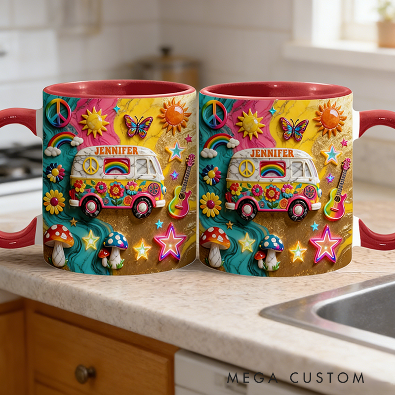 Personalized Hippie Souls Accent Mug Custom Name Colorful Hippie Car Hippie Coffee Mug Bohemian Coffee Mug