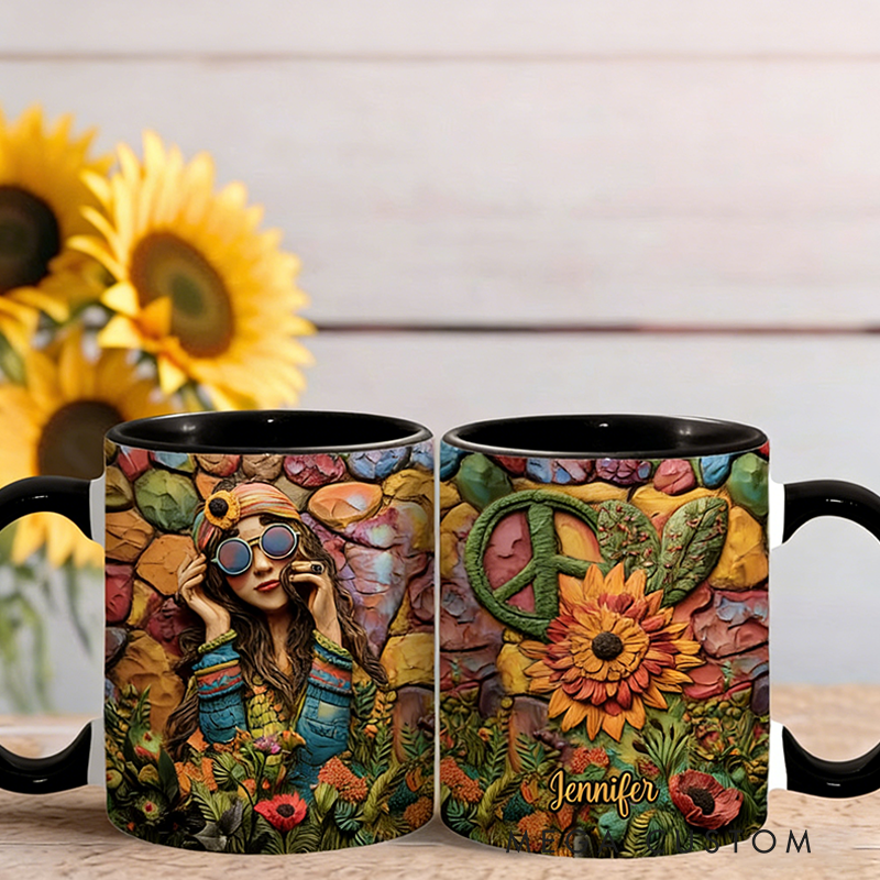 Personalized Hippie Accent Mug Custom Name Hippie Girl Hippie Soul Peace Love Mug for Music Lover Gift