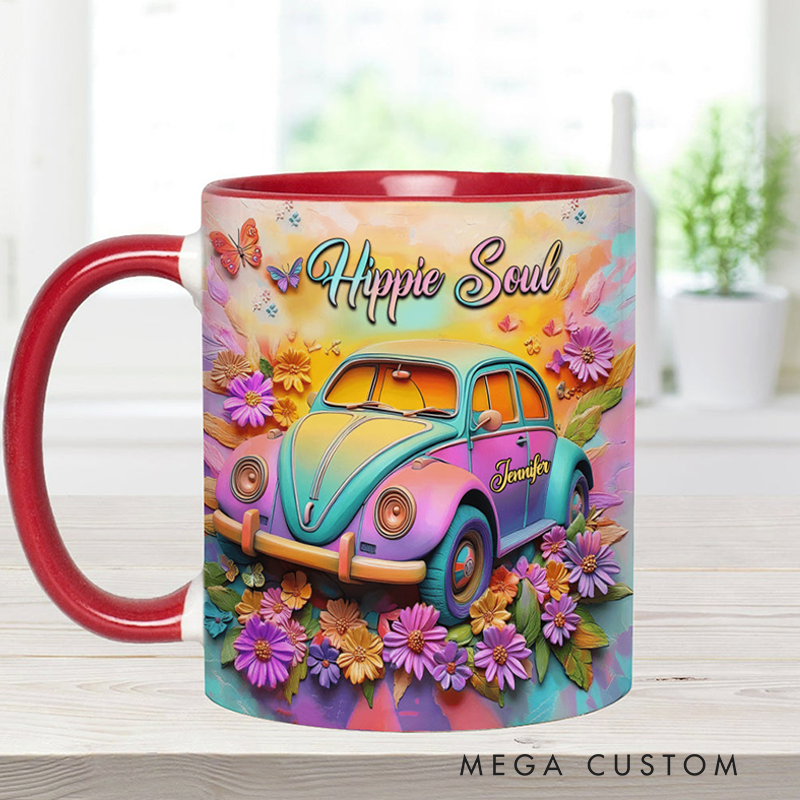 Personalized Hippie Souls Accent Mug Custom Name Colorful Hippie Car Hippie Coffee Mug Bohemian Coffee Mug