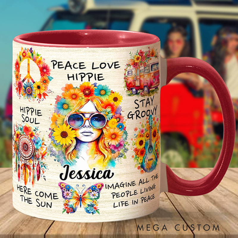 Personalized Hippie Accent Mug Custom Name Hippie Girl Hippie Soul Peace Love Mug for Music Lover Gift