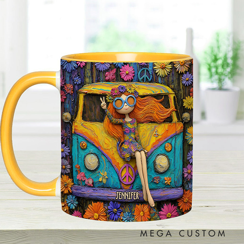 Personalized Hippie Accent Mug Custom Name Hippie Girl and Cars Hippie Soul Peace Love Mug for Music Lover Gift