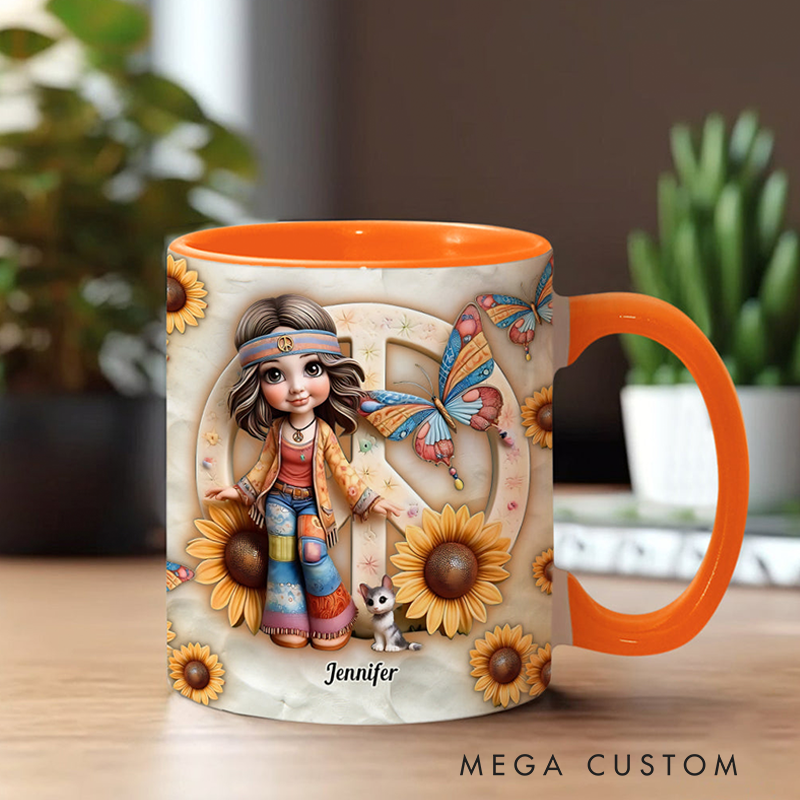 Personalized Hippie Accent Mug Custom Name Hippie Girl Hippie Soul Peace Love Mug for Music Lover Gift