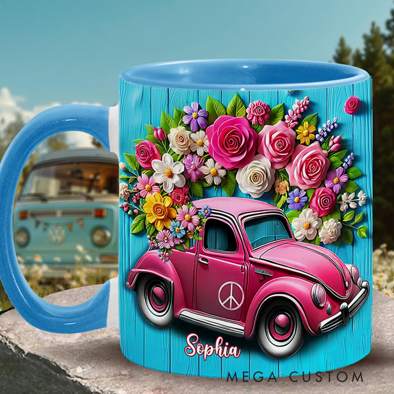 Personalized Hippie Accent Mug Custom Name Colorful Hippie Cars Mug for Music Lover Gift