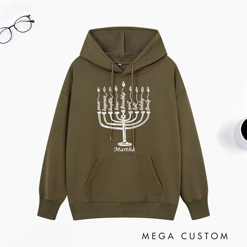 Personalized Peace Laughter Hanukkah Classic Hoodies with Name Unisex Hoodies Religious Gift Happy Hanukkah Gift for Jewish People