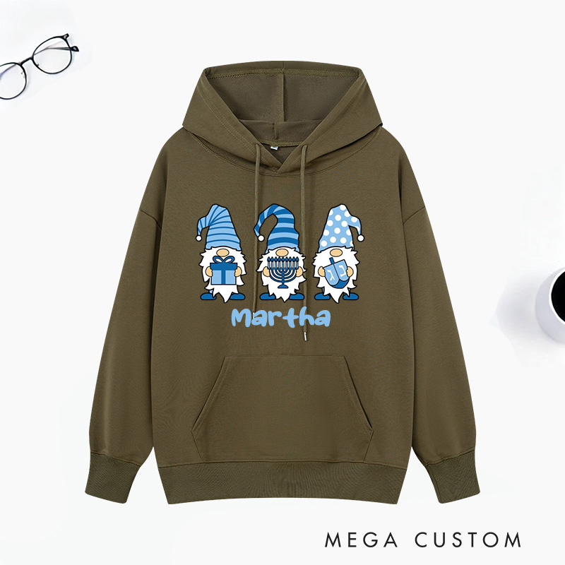 Personalized Gnomes Hanukkah Classic Hoodies with Name Unisex Hoodies Religious Gift Happy Hanukkah Gift for Jewish People