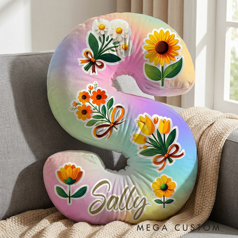 Personalized Initial Pillow Sunflower and Daisy Custom Name Pillow for Girls Gardening Lovers Gift 