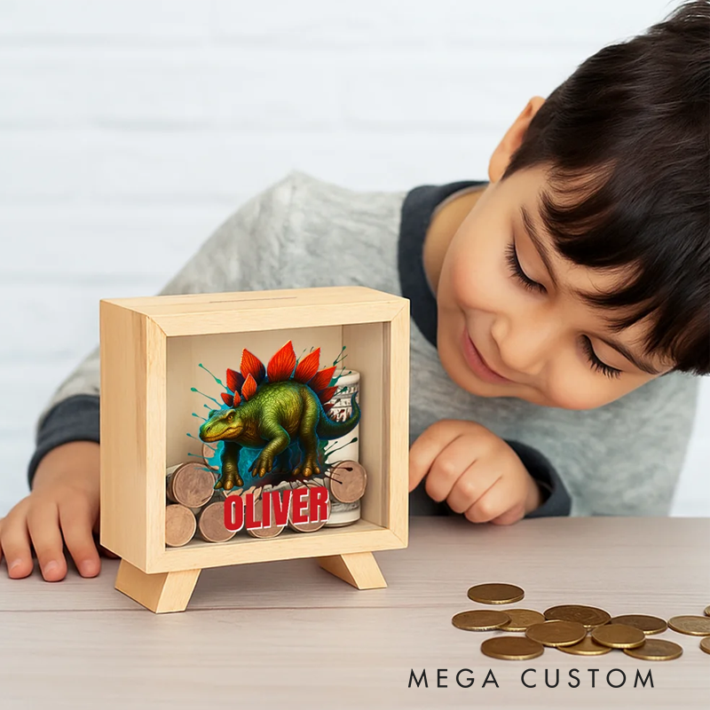 Personalised Ink-Splashed Dinosaur Wooden Clear Piggy Money Box with Name Birthday Gift for Kids Dinosaur Lovers