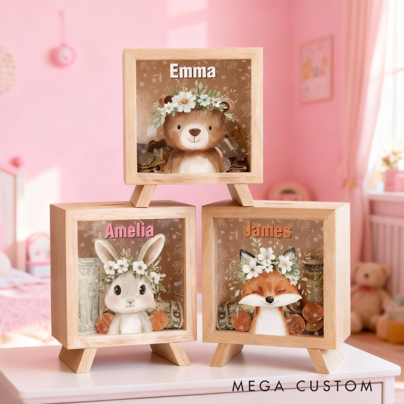 Personalised Cute Flower Wreath Animals Wooden Money Box Piggy Bank with Name Back to School Birthday Gift for Kids
