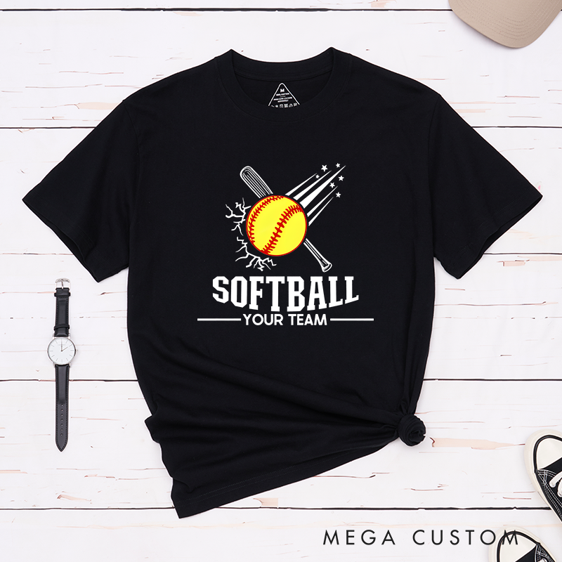 Personalized Softball Team T-Shirt Design Featuring Customizable Team Name Explosive Softball Graphic with Bat and Shooting Star Accents