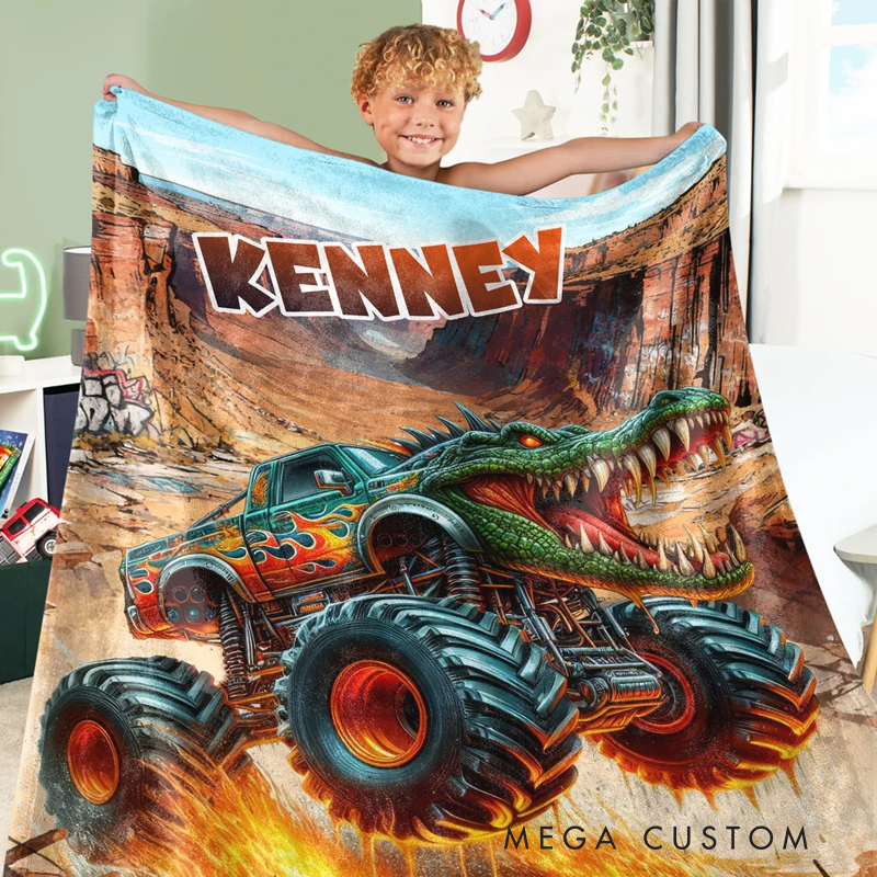 Personalized Monster Cheetah Lion Dinosaur Truck Soft Throw Blanket with Name Birthday Gift for Boys Kids Babies Truck Lovers