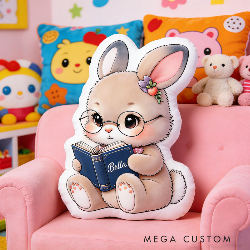 Personalized Reading Bunny Throw Pillow Graphic 3D Rabbit Reading Letter Pillow with Name for Kids Boy Girl Book Lover Bookish Bookworm Gift
