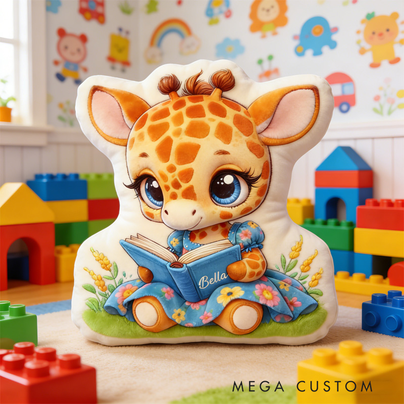 Personalized Reading Giraffa Throw Pillow Graphic 3D Giraffa Pillow with Name for Kids Boy Girl Book Lover Bookish Bookworm Gift