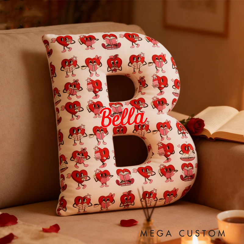 Personalized Bookish Heart Alphabet Throw Pillow Graphic 3D Reading Heart Letter Pillow with Name for Boyfriend Girlfriend Book Lover Bookish Bookworm Valentine's Day Gift