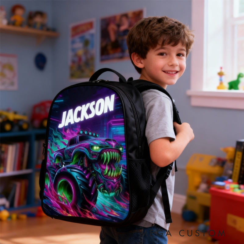 Personalized Monster Neon Truck Design and Custom Name for Kids Black to School Gift 