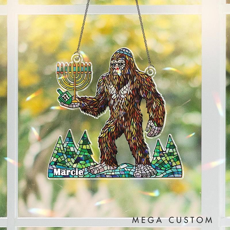 Personalized Holographic Bigfoot Hanukkah Suncatcher Ornament with Custom Name Sasquatch Judaica Window Hanging Hanukkah Decor Happy Hanukkahs Gift