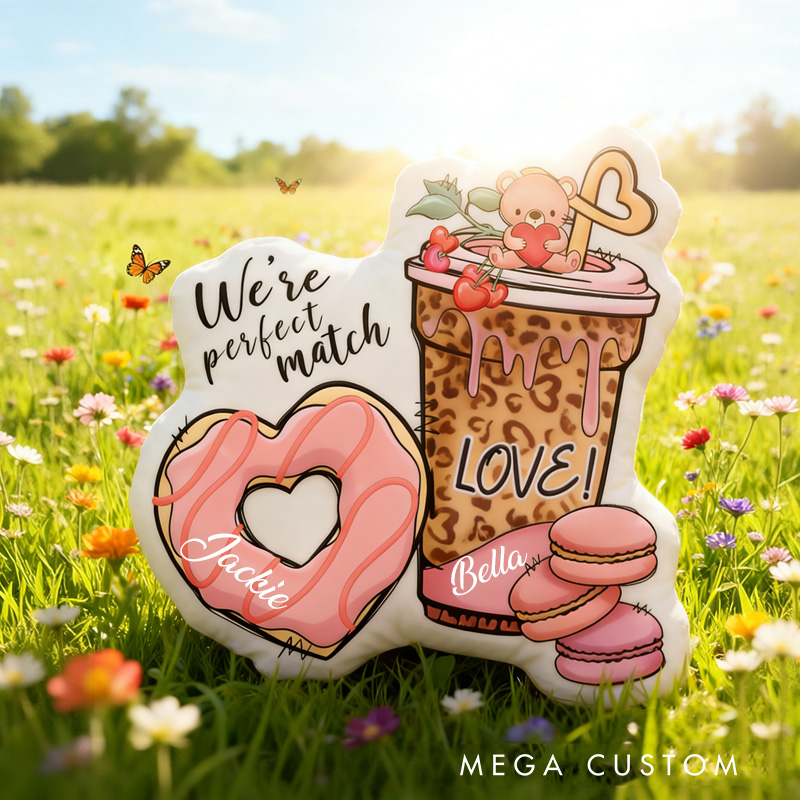 Personalized You're Perfect Match Throw Pillow Graphic 3D Print Heart Donut Couple Food Pillow with Name for Girlfriend Boyfriend Baking Lover Gifts Valentine's Day Gift