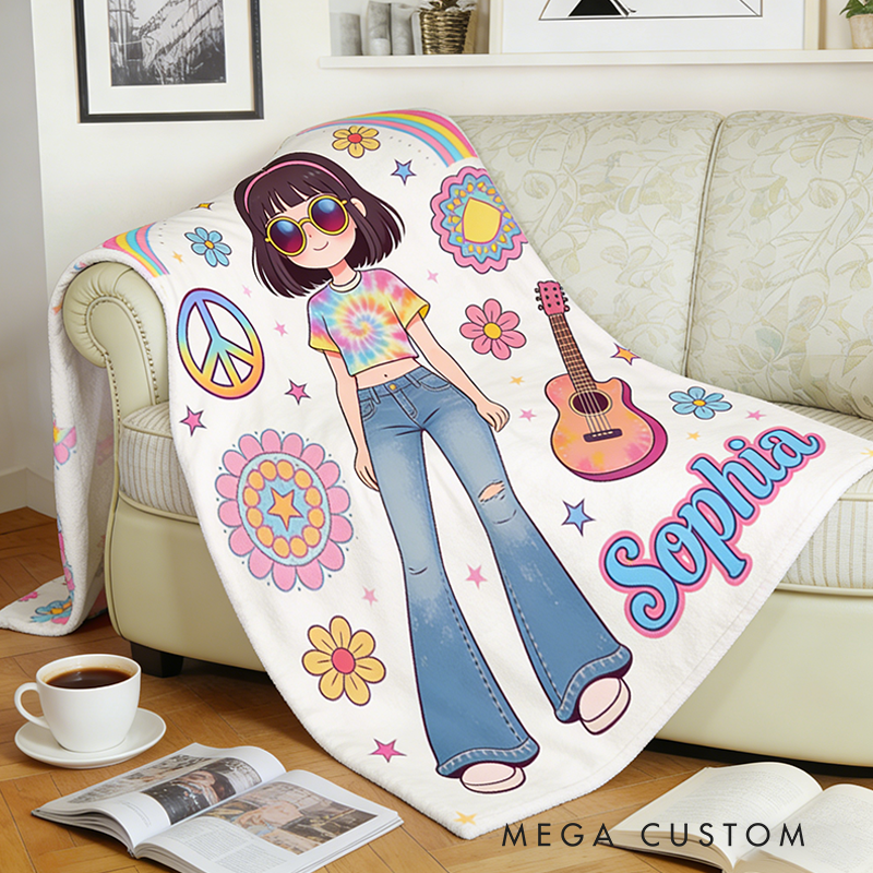 Personalized Hippie Style Blanket Custom Name Hippie Girl Hippie Soul Peace Love Blanket for Music Lover Gift