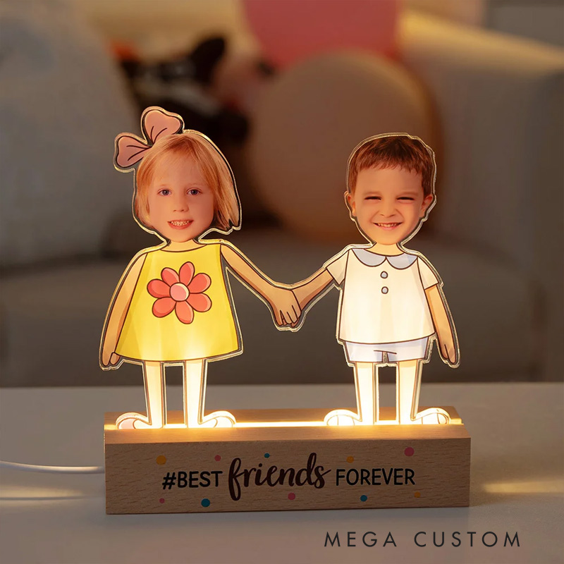 Personalized Kid Photos Best Friends Forever LED Night Light with Wooden Base Home Decor Friendship Birthday Gift for Boys Girls