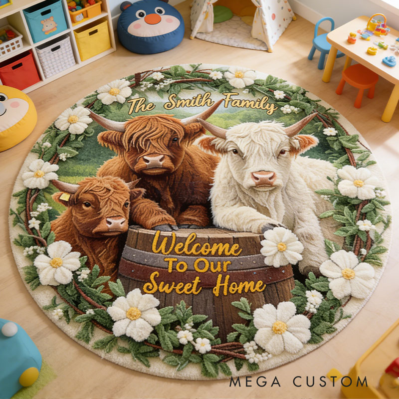 Personalized Welcome To Our Sweet Home Rug Custom Highland Cow Round Rug with Name for Family New Home Gifts Housewarming Day Gift