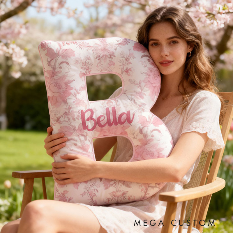 Personalized Initial Pillow Pink Floral Custom Name Pillow for Girls Gardening Lovers Gift 