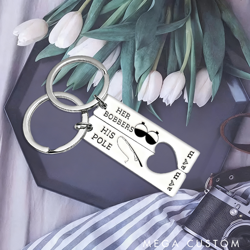 Personalized Fishing Keychain Set with Funny Design Custom Initials Romantic Gift for Couples and Fishing Lovers