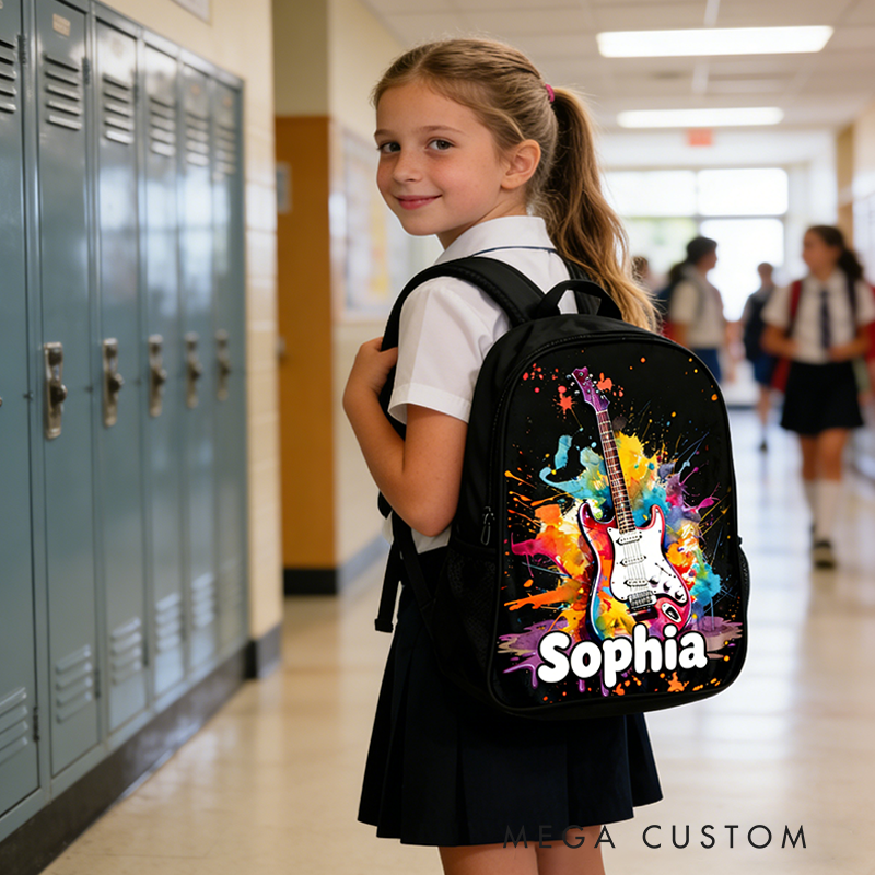 Personalized Multicolor Splash Ink Electric Guitar Backpack with Name Music Room Decor Gift for Guitar Player