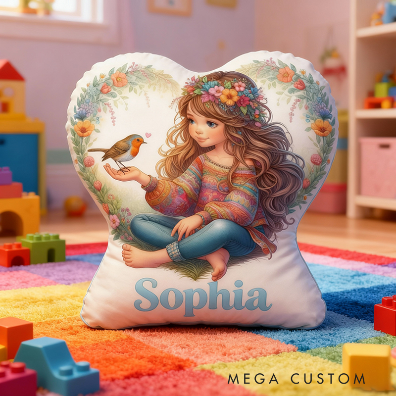 Personalized Heart Shaped Pillow Custom Name and Bohemian Girl Floral Wreath Bird Design for Her