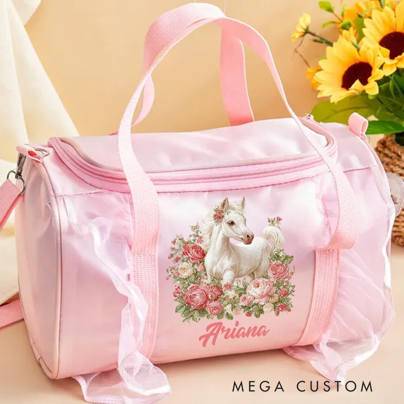 Personalized Horse Duffle Dance Bag with Name and Shoulder Strap Overnight Bag for Girl Ballet Bag Weekender Back To School Gift for Girls Riding Lovers Equestrian Lovers
