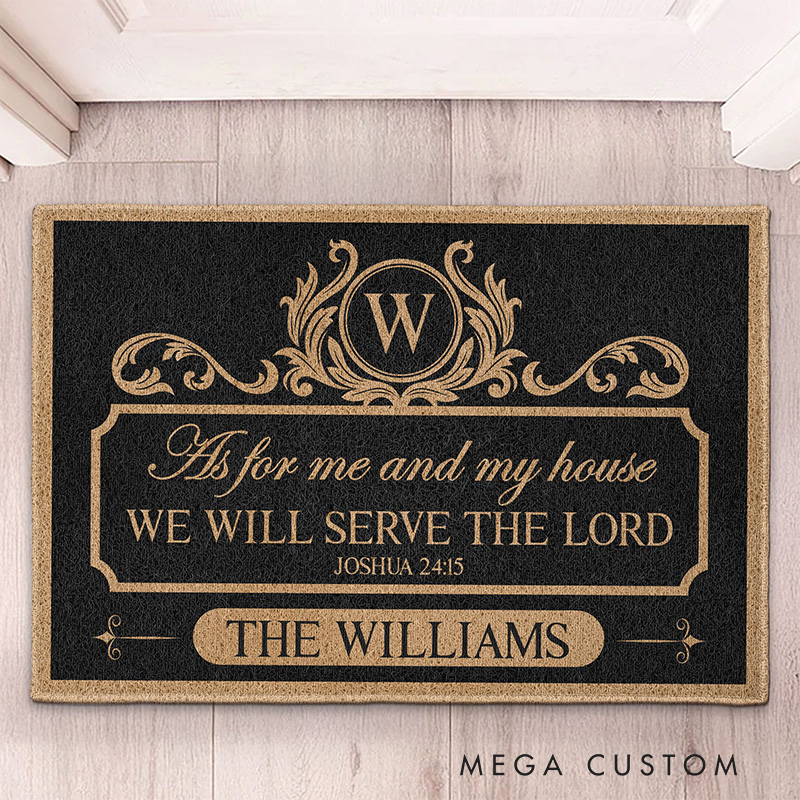 Personalized We'll Serve the Lord Doormat with Custom Initial and Family Name Non-Slip Durable Front Door Decor Religious Gift for Faithful Family