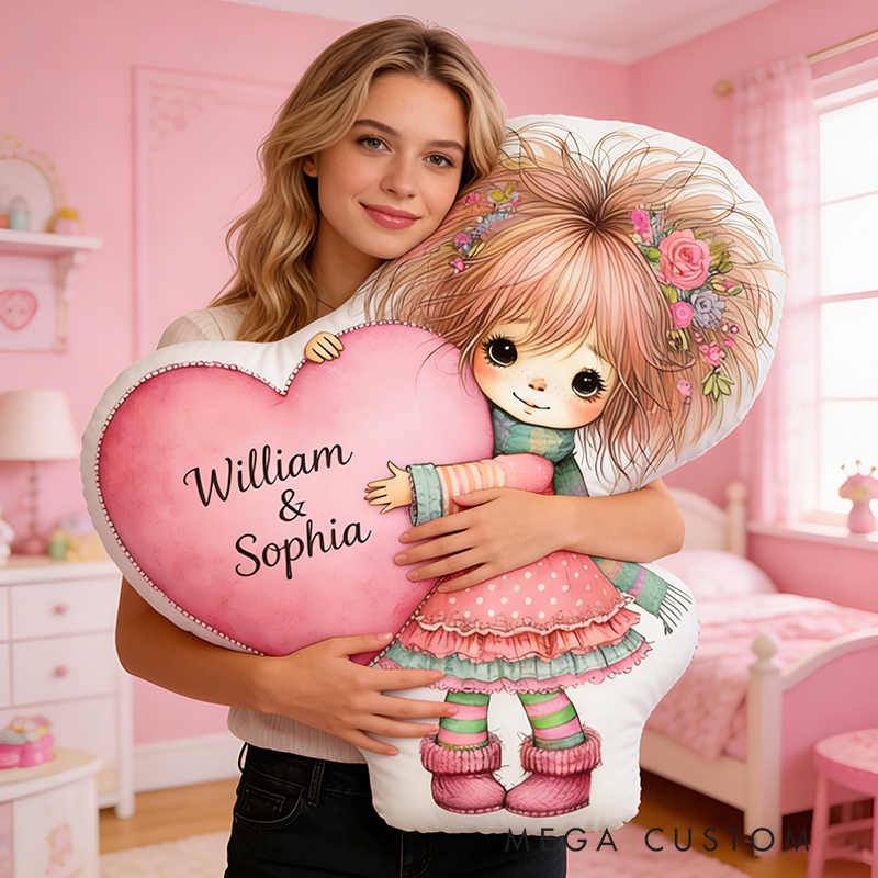 Personalized Cute Hipper Girl Hugging Heart Pillow Custom Names and Bohemian Girl Heart Design for Her