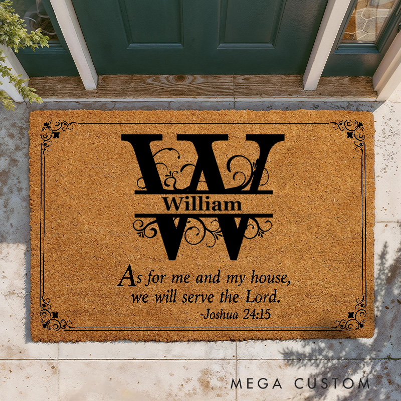 Personalized We Will Serve the Lord with Initials of Family Name Doormat Non-Slip Welcome Mat Religious Housewarming Gift