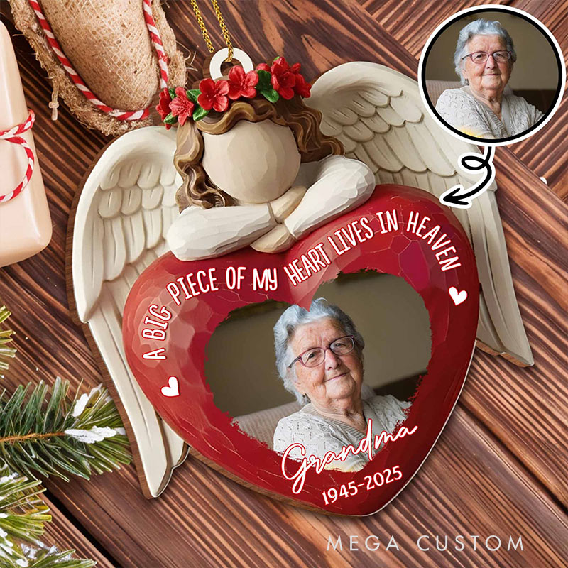Personalized Wood Ornament A Big Piece Of My Heart Lives In Heaven Angel Heart Ornament Memorial Gift for Family