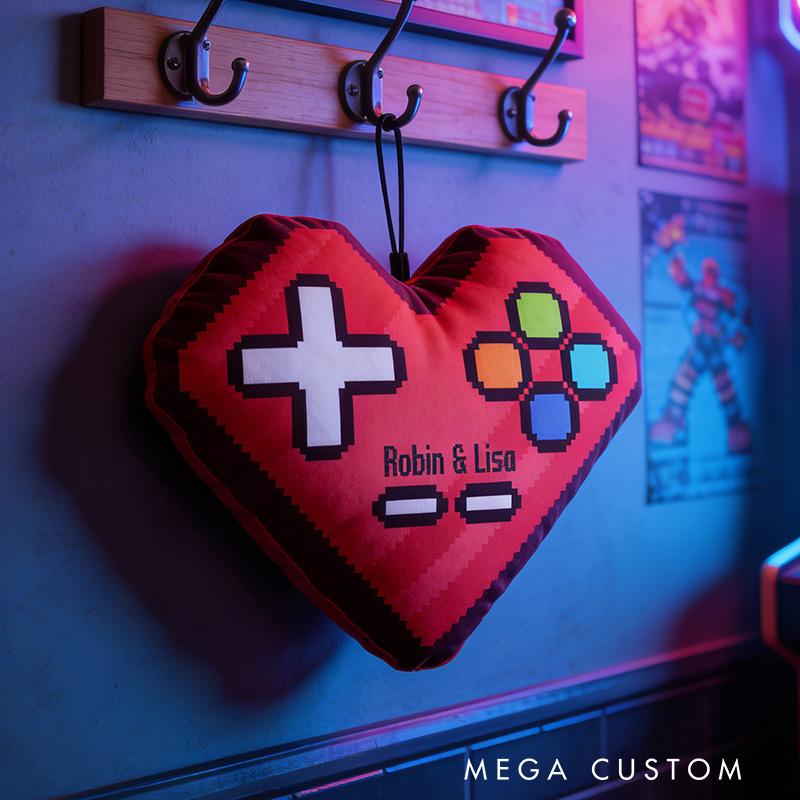 Personalized Pixel Art Gamer Heart Pillow Gamer Couple Pillow with Name Custom Geek Gamer Gifts