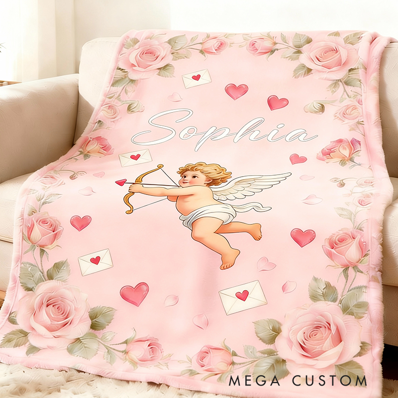 Personalized Cupid Themed Valentine's Day Gift Blanket Custom Name for Her
