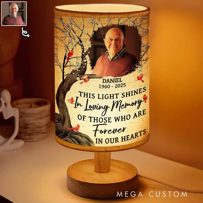 Personalized Cardinal Photo Fabric Table Lamp with Name This Light Shines In Loving Memory Memorial Gift for Family
