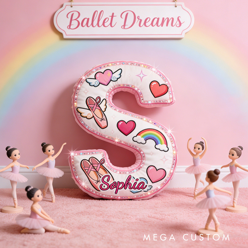 Personalized Graphic 3D Fantacy Rainbow Ballerina Alphabet Shaped Pillow for Dance Lovers Initial Pillow Christmas Gift for Kids