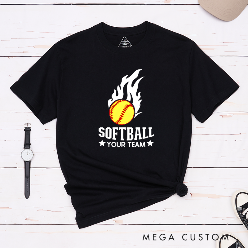 Personalized Softball Team T-Shirt Design Featuring Customizable Team Name Fiery Softball Graphic with Bold Star Accents