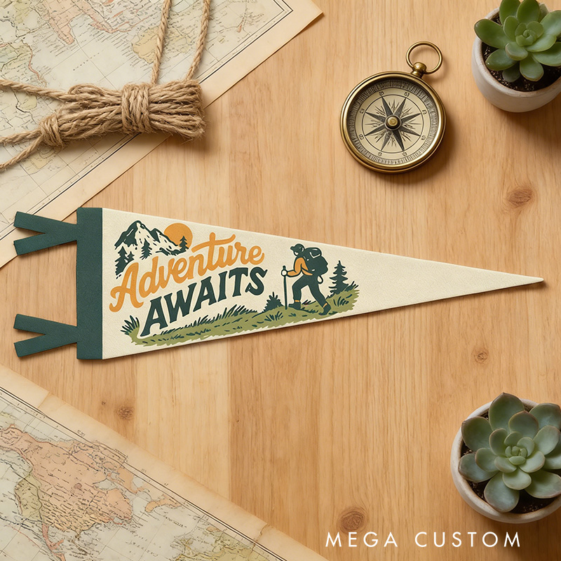 Personalized Adventure Awaits Felt Pennant Natured Theme Wall Decor Hiking Camp Banner Wanderer Sign Outdoor Lover Gift Inspirational Travel Art