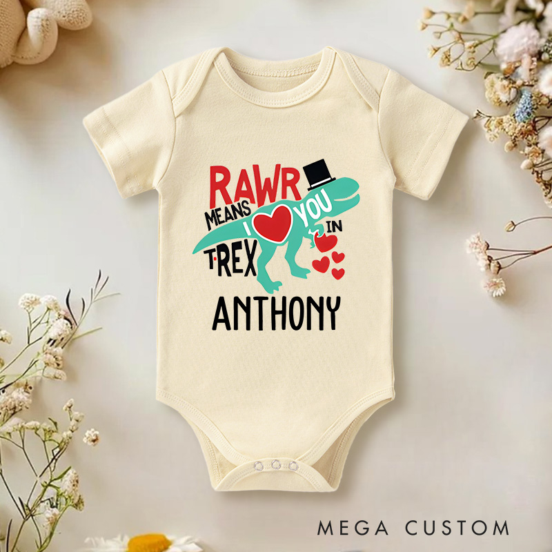 Personalized Rawr Means I Love You T-Rex Valentine's Baby Onesie Gift for Baby