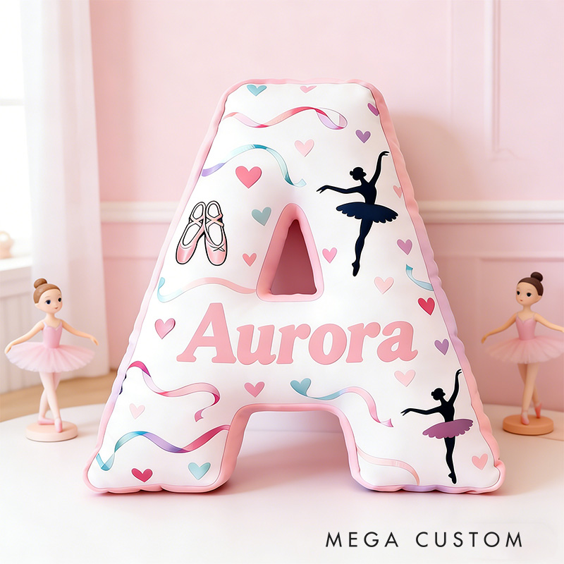 Personalized Graphic 3D Swirling Ribbons Ballerina Alphabet Shaped Pillow for Dance Lovers Initial Pillow Christmas Gift for Kids