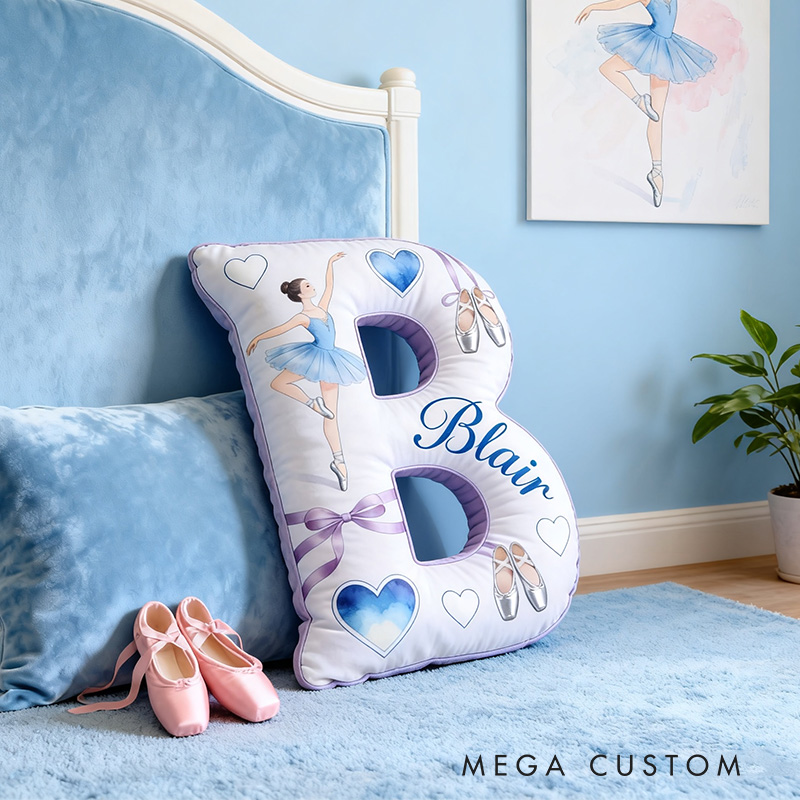 Personalized Graphic 3D Blue And Purple Dream Ballerina Alphabet Shaped Pillow for Dance Lovers Initial Pillow Christmas Gift for Kids