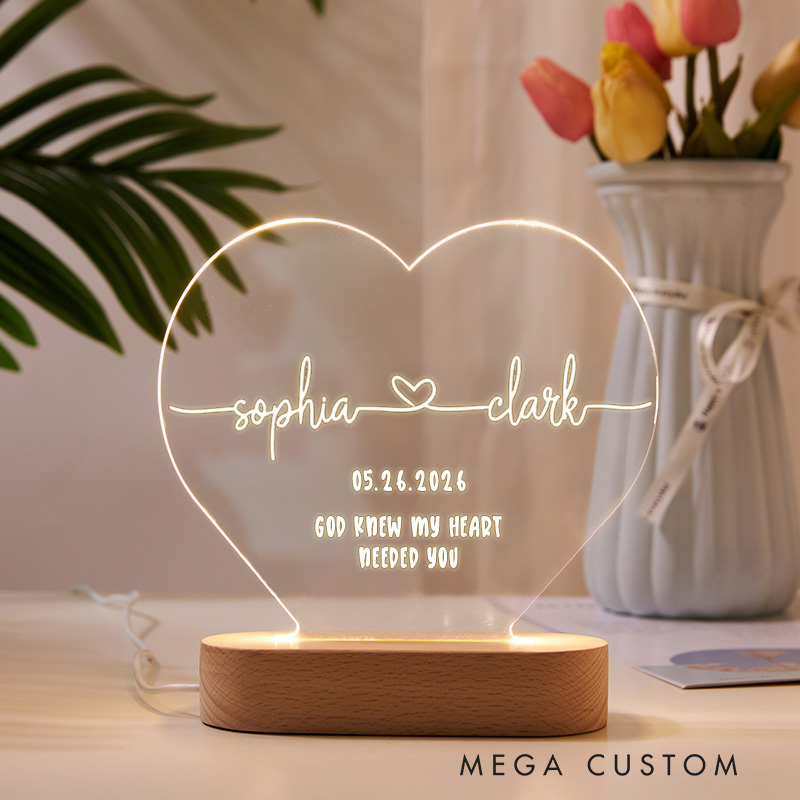 Personalized God Knew My Heart Needed You Heart Shaped LED Night Light with Name & Date Valentines Day Gift Anniversary Gift Romantic Gift for Couple