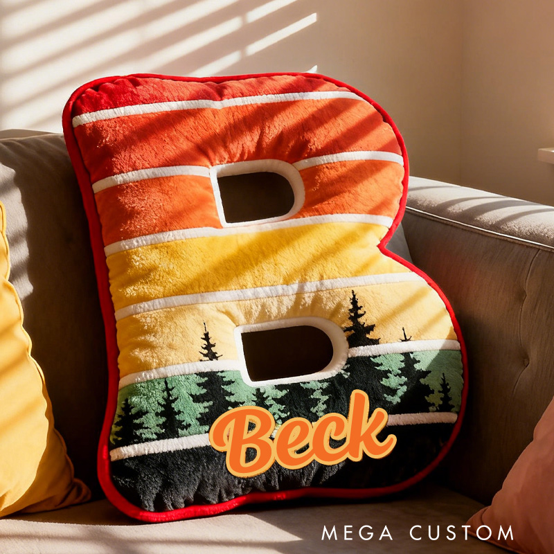 Personalized Sunset Forest Letter Pillow Custom Nature Lovers Pillow Outdoor Adventure Enthusiasts Gift