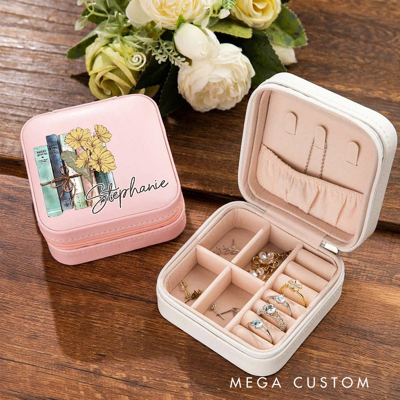Personalized Book Birth Flower Jewelry Box Portable Travel Accessory Birthday Bridesmaid Gift for Women Book Lover