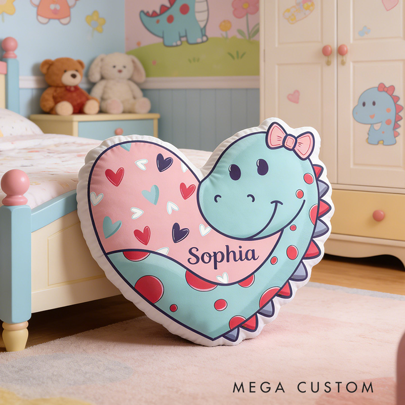 Personalized Adorable Dino And Heart Custom Name Plush Toy For Girls Bedroom Graphic 3D Print Pillow Valentine's Day Gift